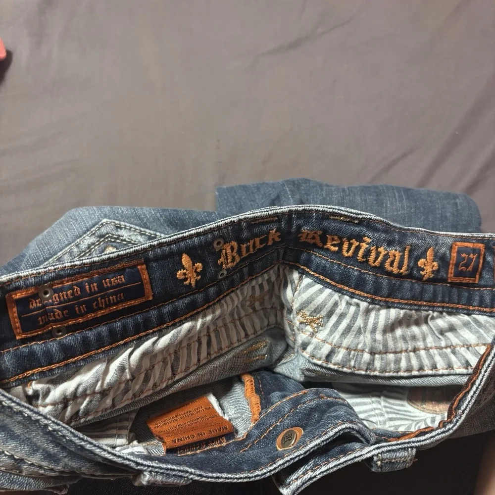 Y2K Rock Revival Celine Boot Cut Jeans Size 27 Distressed Flap Pocket Blue Denim